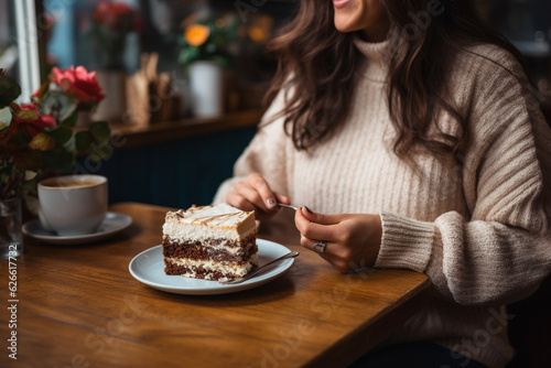 A young woman in a cafe eats a cake with coffee.