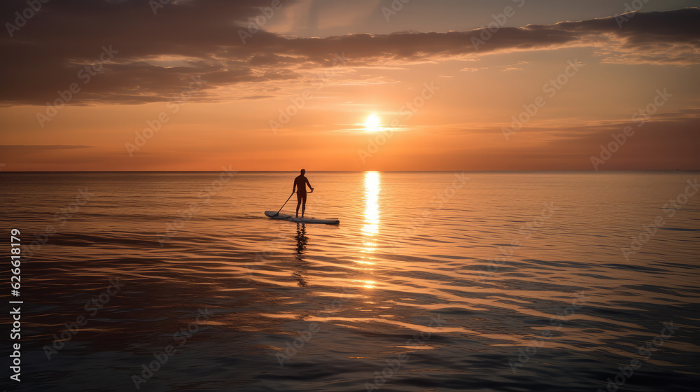 Single man standing on a stand up paddling boat in the front of the orange sun. Generative AI.
