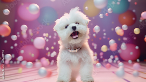 Advertising portrait, banner, dansing disco dog with white fur and open mouth, isolated on colorful background