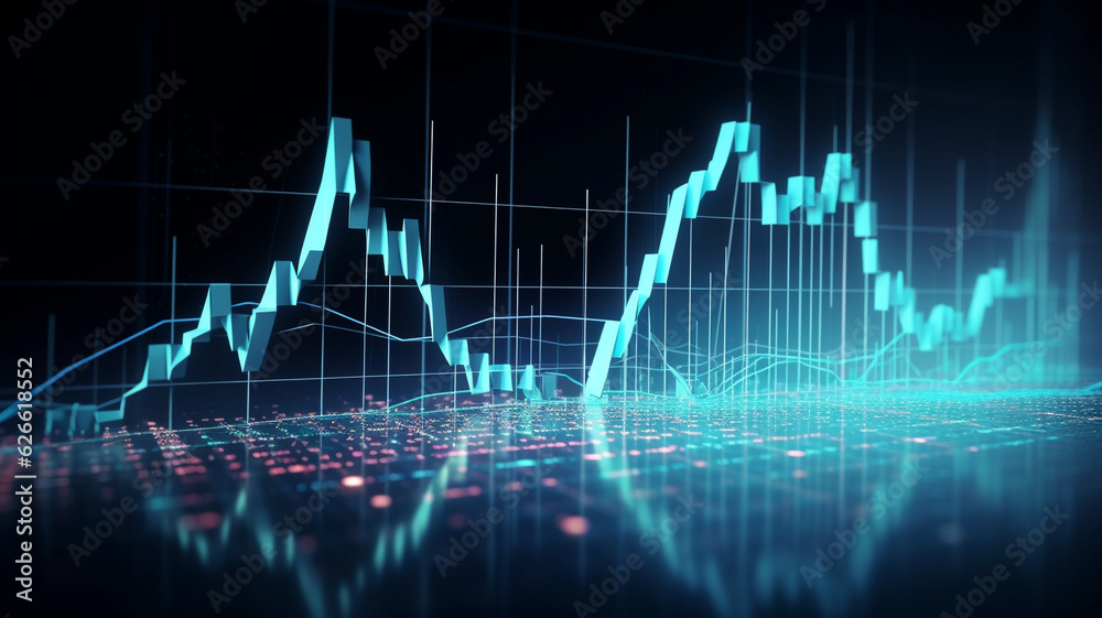 Digital display, options chart, stock market glowing on a dark background. Growth graph.