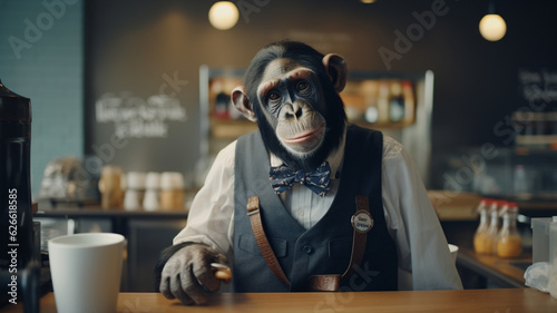 Chimpanzee monkey is a bartender or barista.