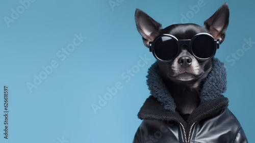 Advertising portrait, banner, cool looking black chihuahua dog in glasses anda leather jacket isolated on blue background © NK Project