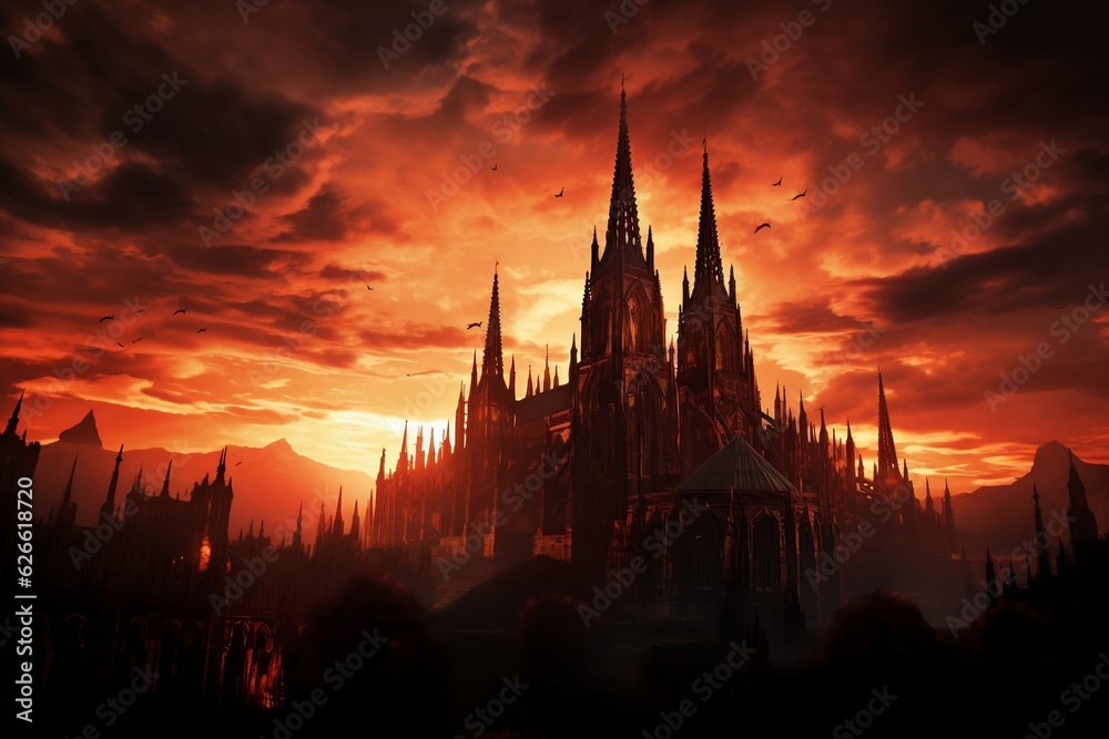 Silhouette of Gothic cathedral spires against dramatic evening sky