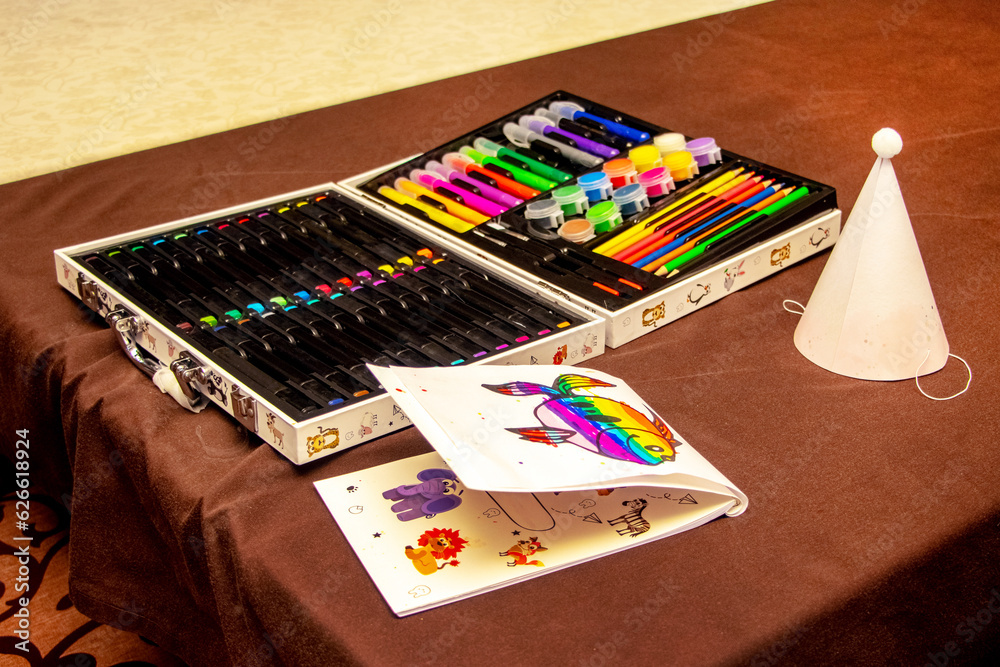 Fototapeta premium Set for children's creativity: coloring, paints, felt-tip pens