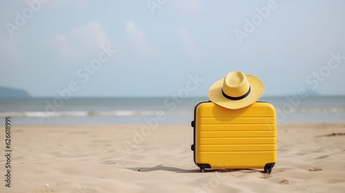 Single yellow suitcase and a hat standing at the beach in front of the ocean as a symbol for holiday. Generative AI.