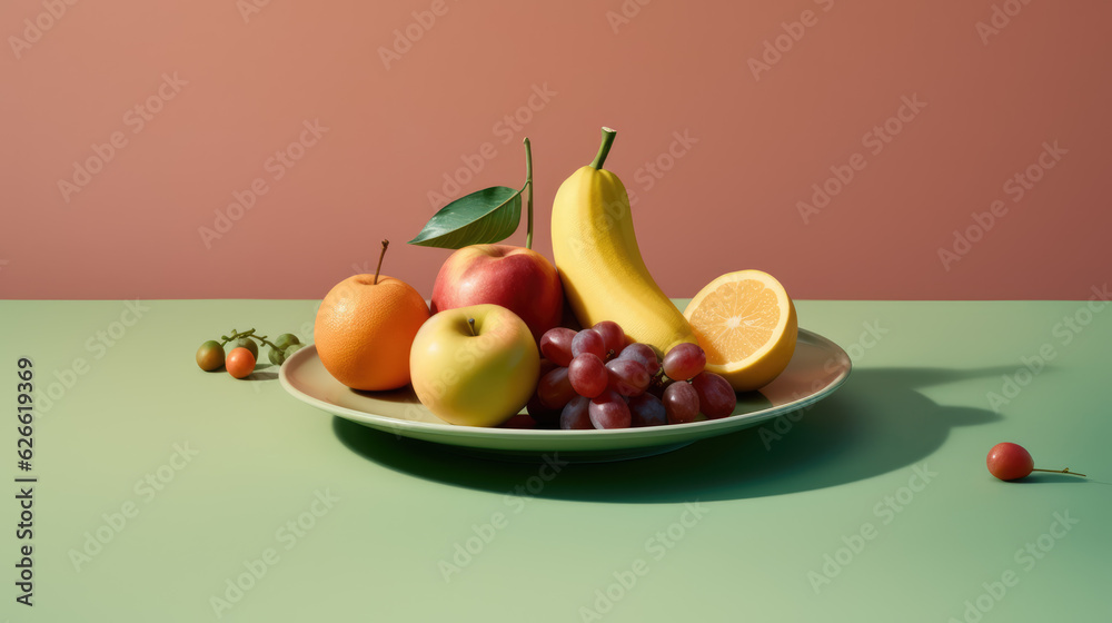 Fruit plate on a table, delicate colors advertising shot empty space on yellow green background Fruit plate on a table, delicate colors advertising shot empty space on yellow green background
