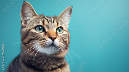 Advertising portrait, banner, classic striped color young cat looks straight with blue eyes, isolated on blue background