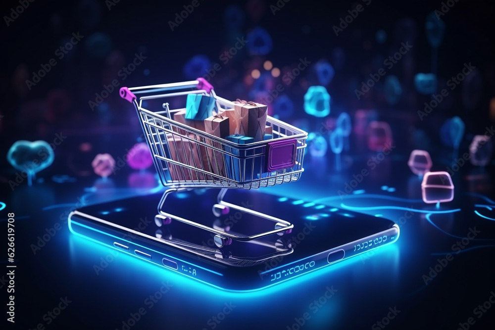 Online shopping concept, abstract illustration. Paying for goods with a smartphone.