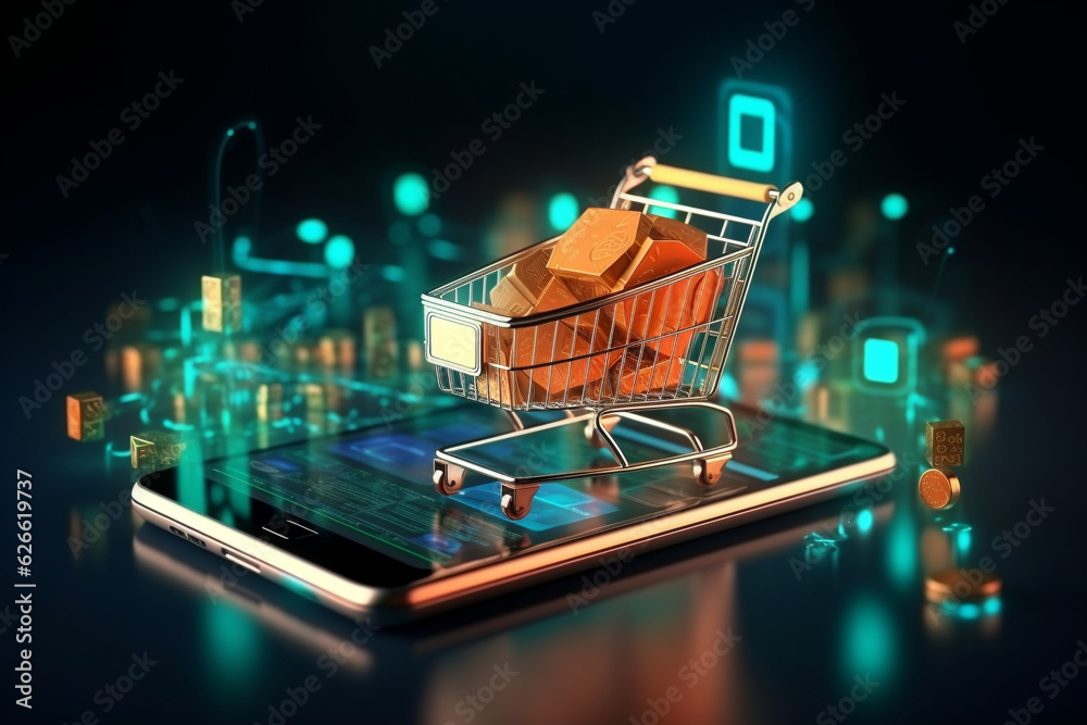 Online shopping concept, abstract illustration. Paying for goods with a smartphone.