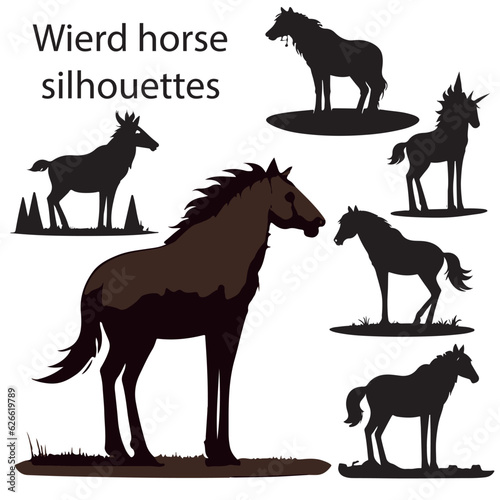 Black and white vector flat illustration  horse silhouette stamp collection