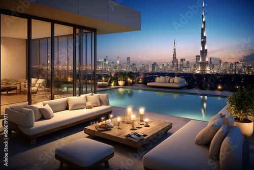 Print op canvas Impressive spacious penthouse terrace with pool and views of Dubai