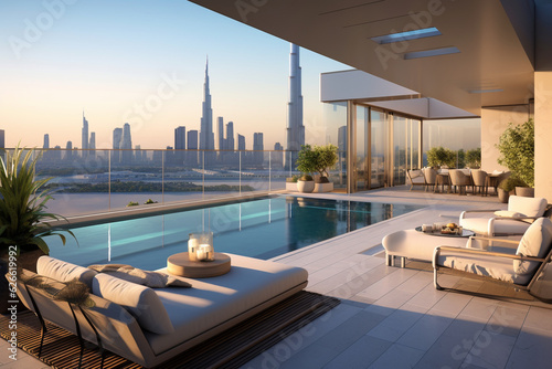 Fototapete Impressive spacious penthouse terrace with pool and views of Dubai