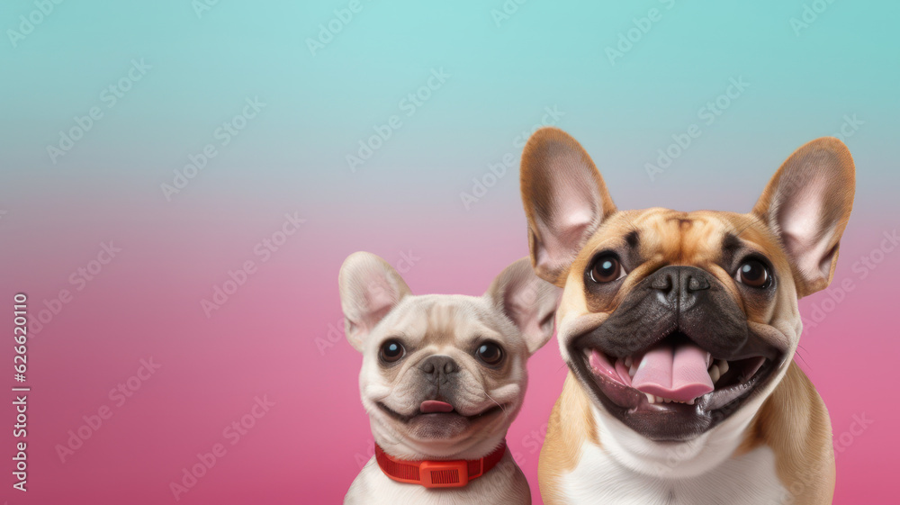 Advertising portrait, banner, funny mother and puppy pug dogs, straight look to the camera, isolated on blue-pink background