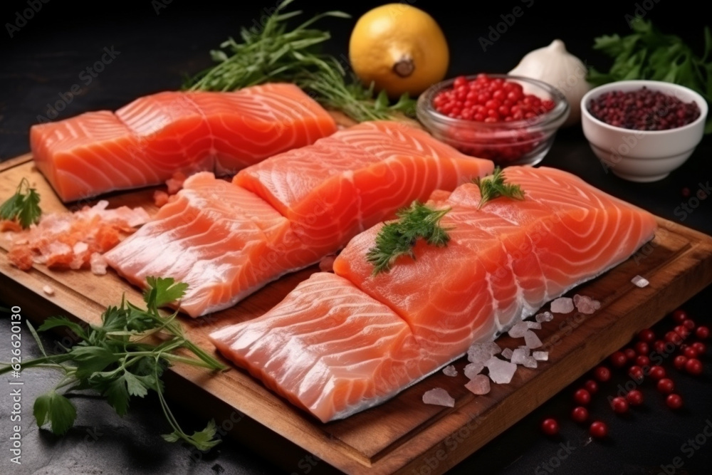 Pieces of red salmon or sockeye salmon or coho salmon. Salted fish with spices and lemon on a cutting board. Pieces of red salmon or sockeye salmon or coho salmon. Salted fish with spices and lemon on a cutting board.