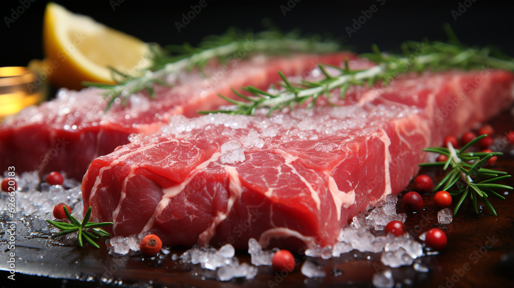 Raw beef steak for frying or grilling, fillet, restaurant menu, marbled meat, salt, pepper