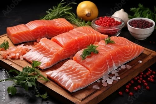 Pieces of red salmon or sockeye salmon or coho salmon. Salted fish with spices and lemon on a cutting board.