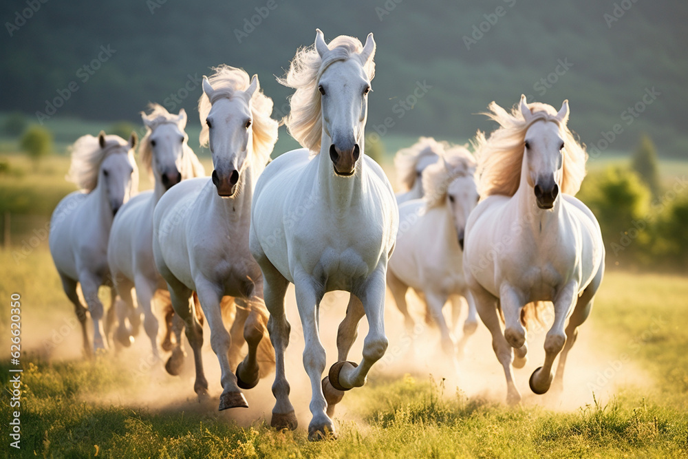A herd of white horses runs across the meadow at sunset. - obrazy, fototapety, plakaty 