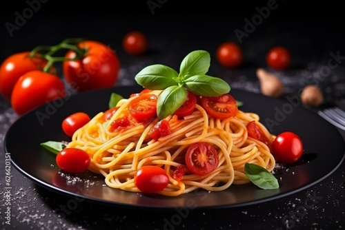 Spaghetti, pasta with tomato sauce and herbs on a plate on a dark background.