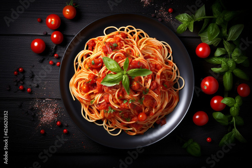 Spaghetti, pasta with tomato sauce and herbs on a plate on a dark background. Top view. photo