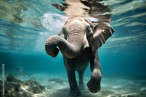 Elephant swims in the sea  underwater view.