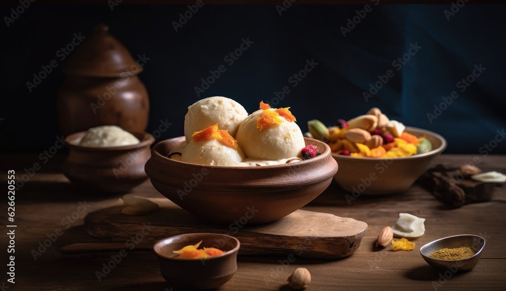 Indian Sweet or Dessert - Rasgulla, Famous Bengali sweet in a clay bowl Indian Sweet or Dessert - Rasgulla, Famous Bengali sweet in a clay bowl