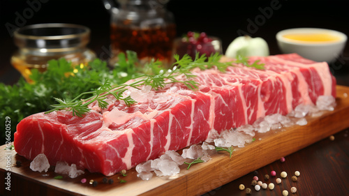 Raw beef steak for frying or grilling, fillet, restaurant menu, marbled meat, spices, salt, pepper