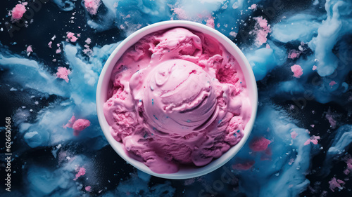 Advertising shot, pink fruit ice cream in a cup with sugar powder, top view on dark background