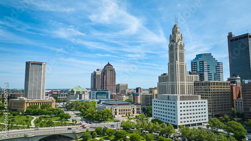 Aerial blue skies over downtown Columbus Ohio with LeVeque Tower aerial photo