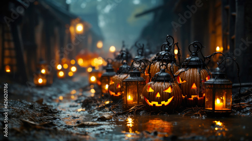 Pumpkin jack-o-lanterns on the ground in a grim dark alley. Halloween themed background. Generative AI