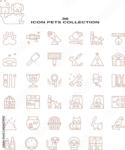 Fototapeta Naklejka Na Ścianę i Meble -  Collection of thin line icons of pets and animals. Collection of outline symbols. Editable vector strokes.