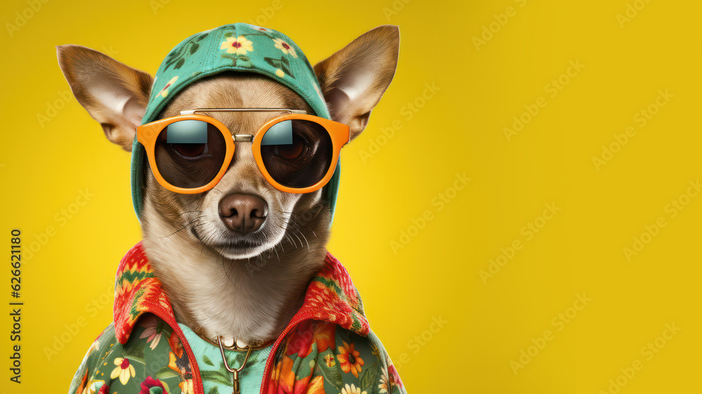 Advertising portrait, banner, cool looking chihuahua dog in glasses dressed in a hippie outfit, isolated on yellow background