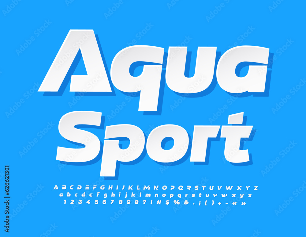 Vector activity emblem Aqua Sport. White sticker Font. Creative set of abstract style Alphabet Letters, Numbers and Symbols