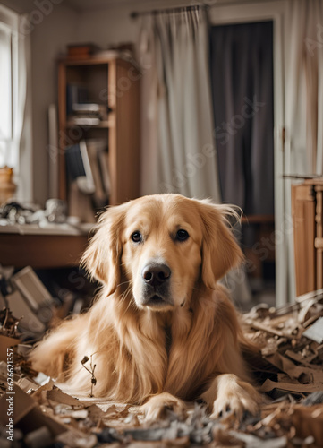 Cute Golden Retriever lying on the floor in the room. - Illustration created with generative ai