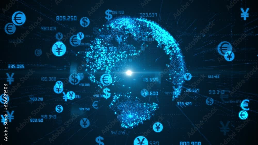 Global currencies exchange on abstract digital world map background. Stock market investment and trading concept. Transfer money technology and CBDC payments worldwide. Online banking account
