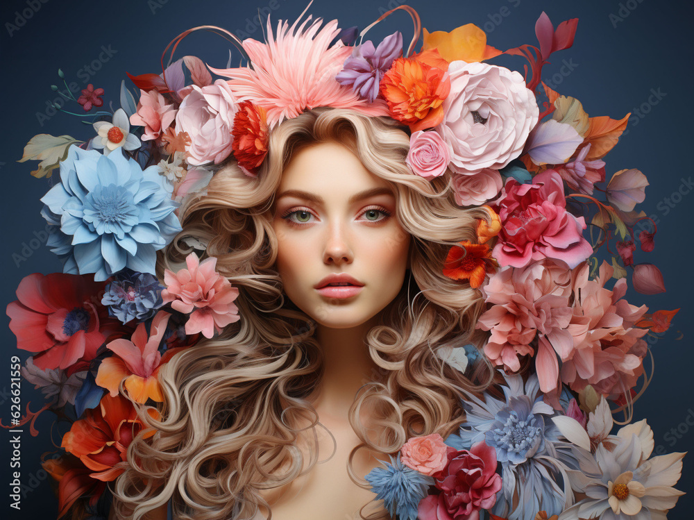 Nature attacks human. Many colorful flowers on a woman's head on blue background. Mental health day. Copy space. Nature attacks human. Many colorful flowers on a woman's head on blue background. Mental health day. Copy space.