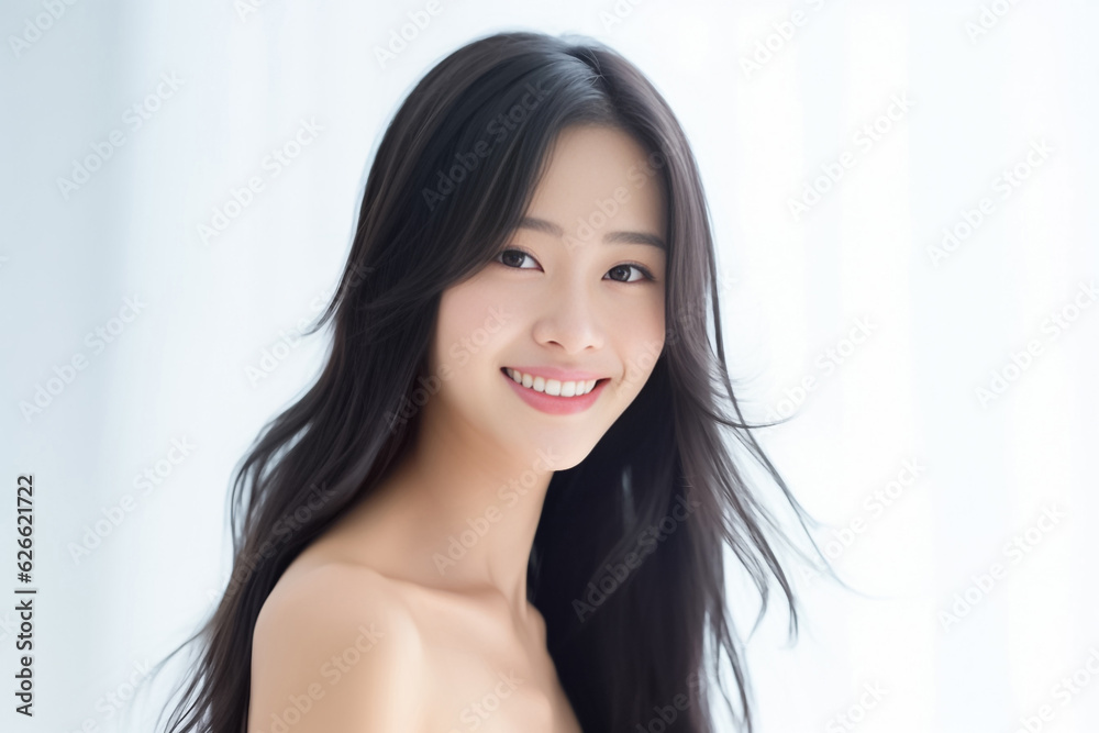 Beaming headshot of a stunning young woman with a radiant smile, set against a clean soft light background. generative AI. Beaming headshot of a stunning young woman with a radiant smile, set against a clean soft light background. generative AI.