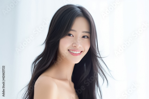 Beaming headshot of a stunning young woman with a radiant smile  set against a clean soft light background. generative AI.