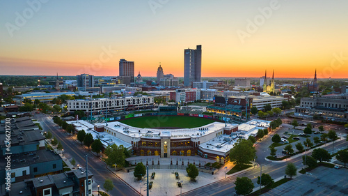 Fototapeta Naklejka Na Ścianę i Meble -  Aerial baseball diamond downtown Fort Wayne Indiana United States Parkview Field city sunrise