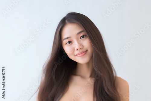 Beaming headshot of a stunning young woman with a radiant smile, set against a clean soft light background. generative AI.