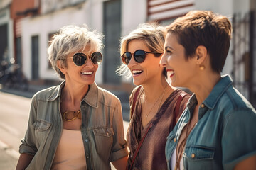a photo of three diverse middle-aged mature women in modern stylish clothes standing in the summer city smiling, mature friendship representation. Generative AI technology