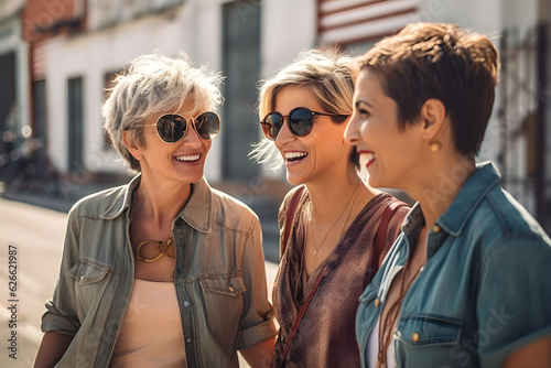 a photo of three diverse middle-aged mature women in modern stylish clothes standing in the summer city smiling, mature friendship representation. Generative AI technology