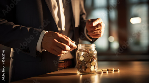 Businessman puts golden coins in a glass jar. Created with Generative AI technology.