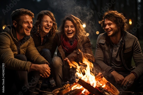 friends in its 30s enjoying themselves in front a camping fire