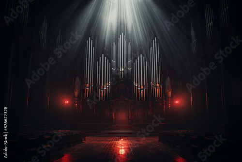 Rows of organ pipes receding into dark church interior with spotlight photo