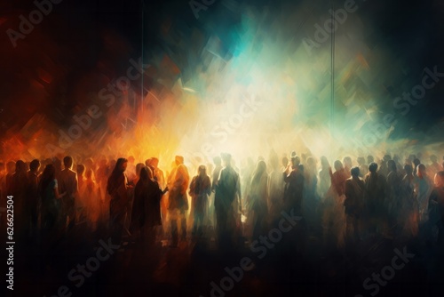 crowd of people with bright skies, oil style.