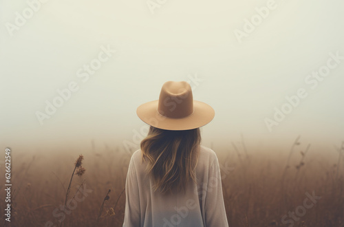 blonde woman in a hat in front of the foggy field © Olga