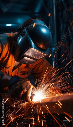 Welder at Work with Sparks, Construction Background. Generative ai