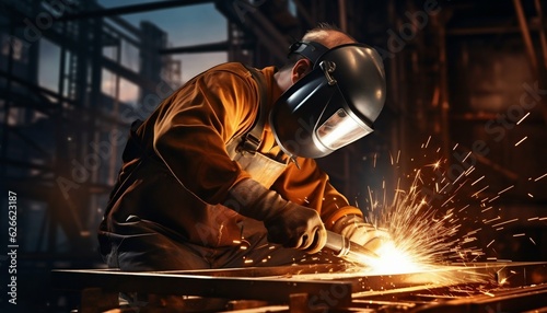 Welder at Work with Sparks, Construction Background. Generative ai