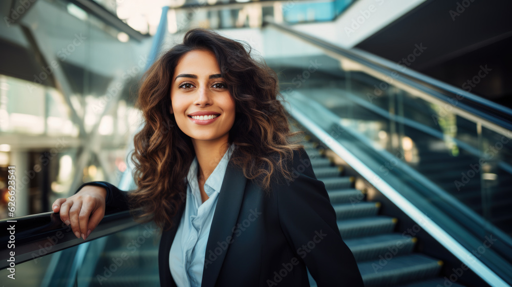 Businesswoman in a suit against a staircase. Created with Generative AI technology. Businesswoman in a suit against a staircase. Created with Generative AI technology.