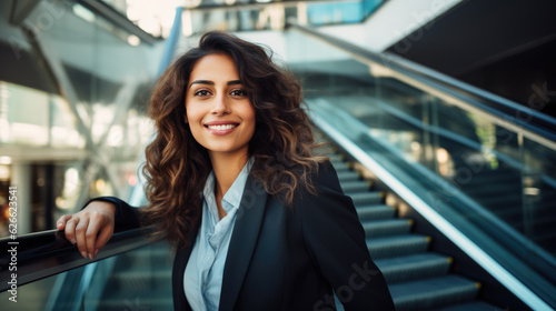 Businesswoman in a suit against a staircase. Created with Generative AI technology.